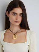 Black Cord Necklace with Gold-Plated Rectangular Pendant