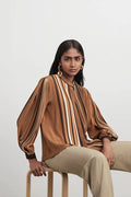 Tan Multi-Colored Binding Silk Shirt - The Silk Road 