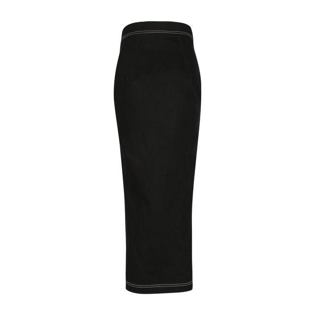 Black denim drop waist high slit skirt