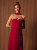Embroidered Red Bow-Detailed Dress