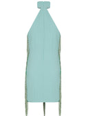 Eleni Dress – Mint Crepe Fringe Halter Mini Dress