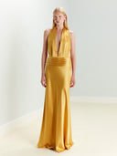 Trisha - V-Neck Satin Dress with Tuxedo Belt Detail