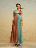 Gathered Chiffon Dress with Metallic Panels