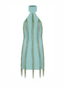 Eleni Dress – Mint Crepe Fringe Halter Mini Dress