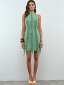 Eleni Dress – Mint Crepe Fringe Halter Mini Dress
