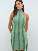 Eleni Dress – Mint Crepe Fringe Halter Mini Dress