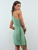 Eleni Dress – Mint Crepe Fringe Halter Mini Dress