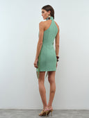 Eleni Dress – Mint Crepe Fringe Halter Mini Dress