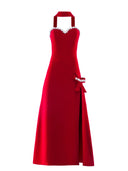 Embroidered Red Bow-Detailed Dress
