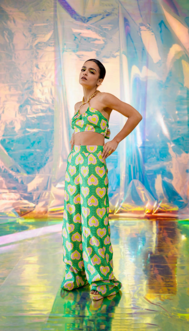 Green Ring Bralette & Pants Set In Blinding Hearts - The Silk Road 