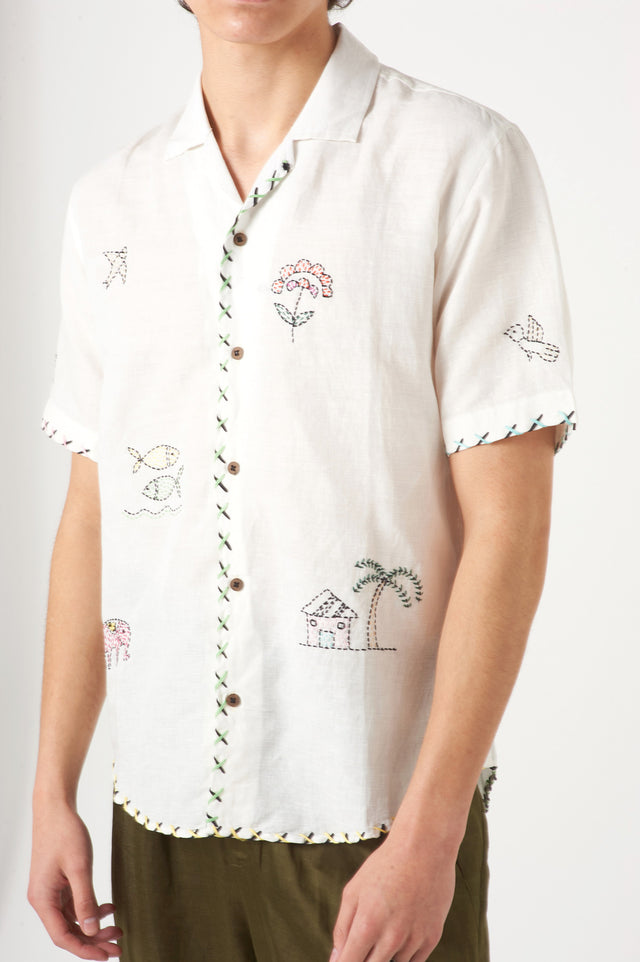 Kissa Goi White Cross border Embroidery Shirt