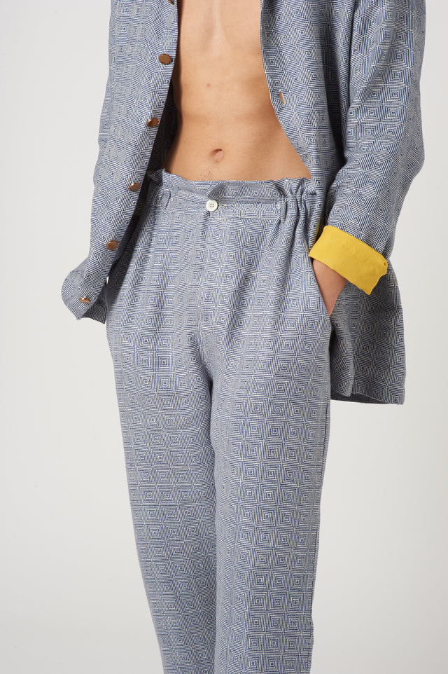 Textured Blue Jacquard Trousers - The Silk Road 